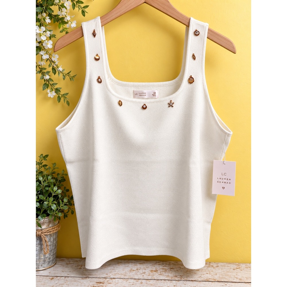 LC Lauren Conrad White Knit Tank Top Seashell Starfish Charms Plus Size 2X NEW